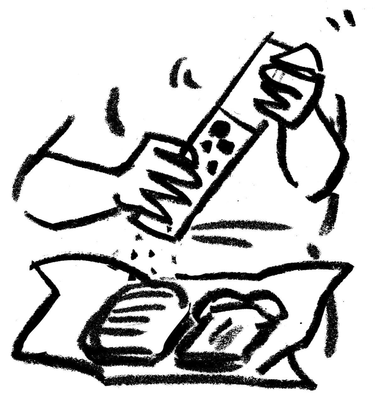 A black and white drawing of a person holding a pepper grinder over a sandwich.