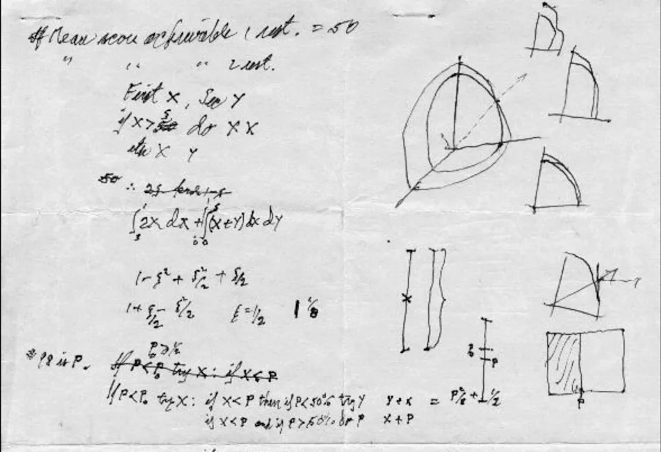 A page of Feynman’s handwritten notes on the Restaurant Problem.