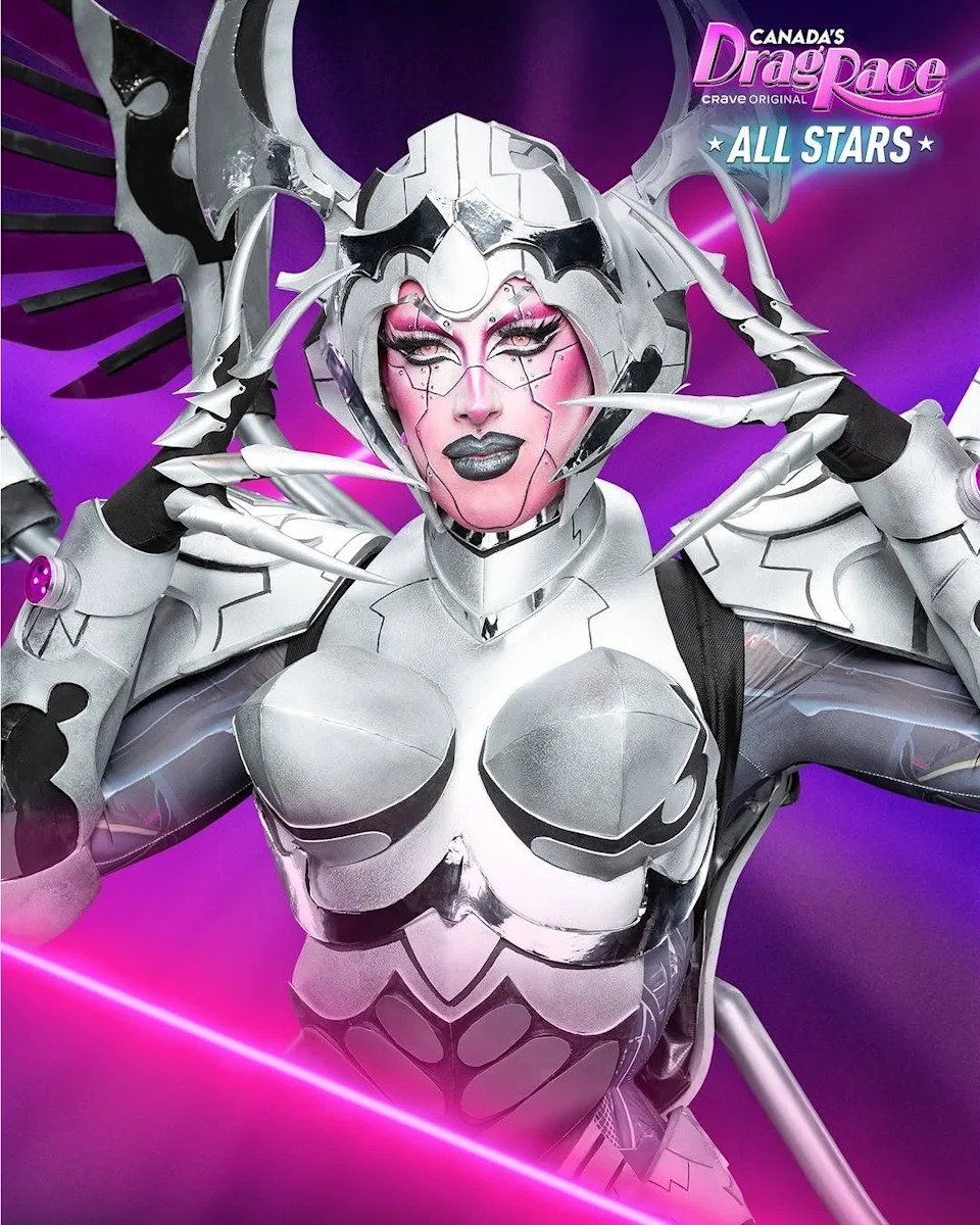 Person in an elaborate futuristic costume with armored details and a headpiece on a "Canada's Drag Race: All Stars" poster
