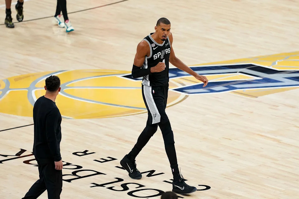 Jun 3, 2026; San Antonio, Texas, USA; San Antonio Spurs forward Victor Wembanyama (1) walks back up the court during the fourth quarter during game one against the New York Knicks of the 2026 NBA Finals at Frost Bank Center. Mandatory Credit: Daniel Dunn-Imagn Images