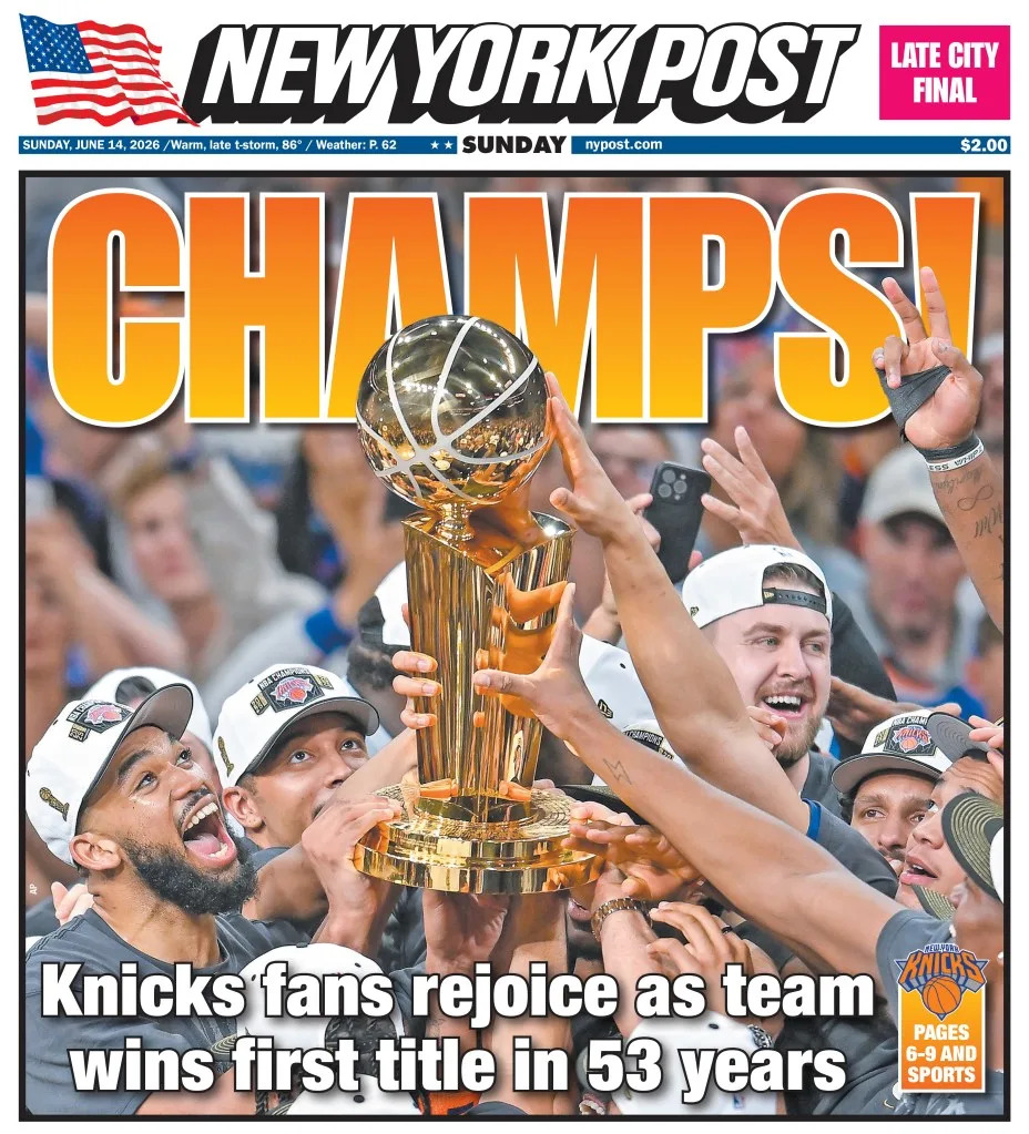 The New York Post front cover for June 14, 2026.