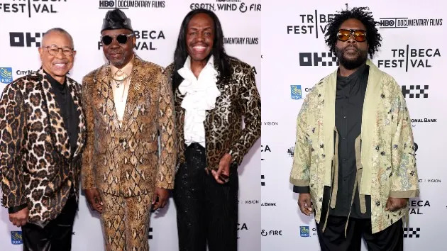 L-R: EWF's Ralph Johnson, Philip Bailey and Verdine White and R: Ahmir "Questlove" Thompson attend the 'Earth, Wind & Fire' opening night premiere during the 2026 Tribeca Festival, June 3, 2026 (Getty Images)