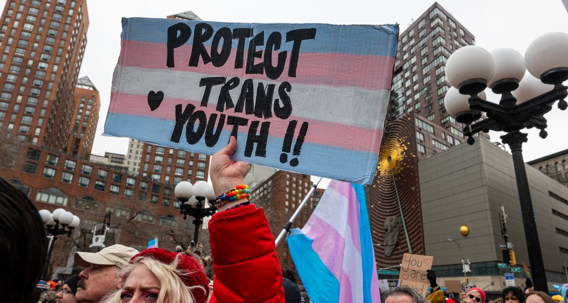 People attend a rally in Union Square in Manhattan supporting transgender youth on February 08, 2025 in New York City, in opposition to the Trump administration's attacks on the transgender community.