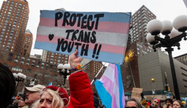 People attend a rally in Union Square in Manhattan supporting transgender youth on February 08, 2025 in New York City, in opposition to the Trump administration's attacks on the transgender community.