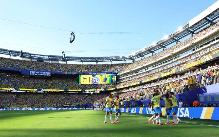 Brazil celebrates after equalizing against Morocco at MetLife Stadium. Photo via Reuters. 
