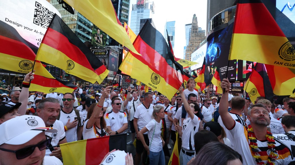 Fans of Germany rally in Times Square ahead of tomorrow's FIFA World Cup 2026 Group E match between Germany and Ecuador in New York on June 24, 2026.