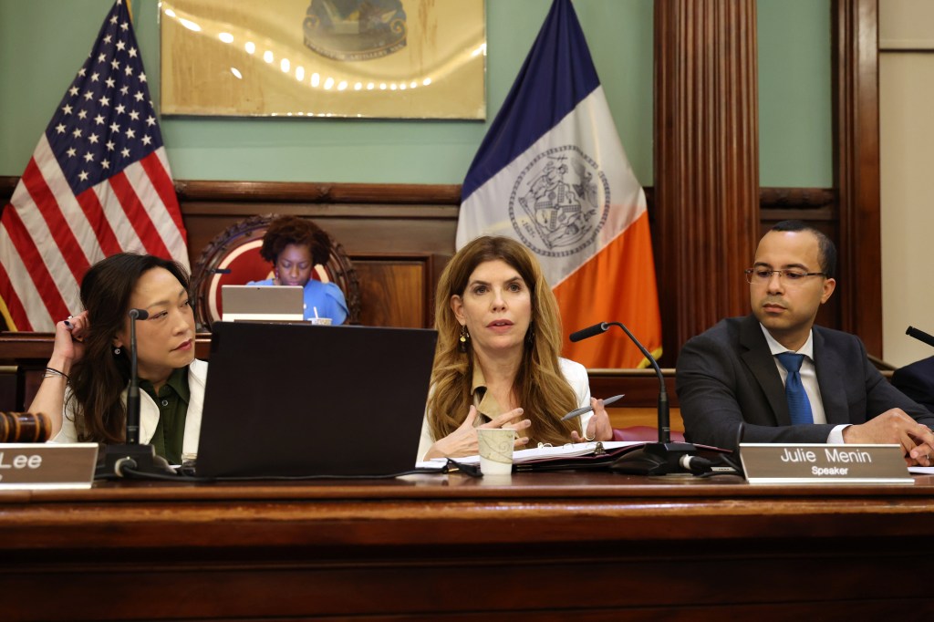 City Council Speaker Julie Menin speaking at a budget hearing.