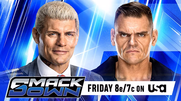 WWE SmackDown promotional graphic featuring Cody Rhodes and Gunther facing forward on a blue background. The SmackDown logo and Friday 8/7c on USA appear at the bottom.
