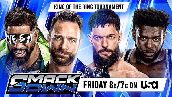 Promotional graphic for WWE SmackDown showing four wrestlers in the King of the Ring Tournament. The SmackDown logo and Friday 8/7c on USA appear at the bottom.