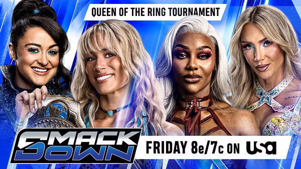 Graphic for WWE SmackDown's Queen of the Ring Tournament showing four female wrestlers posed against a blue background, with one holding a championship belt.