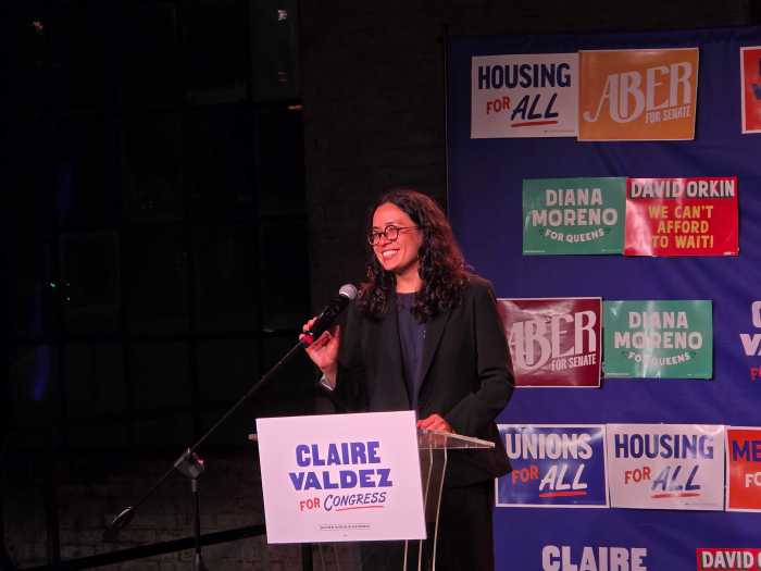 Assembly Member Claire Valdez celebrates after defeating Antonio Reynoso in NY-7. Photo by Shane O'Brien. 