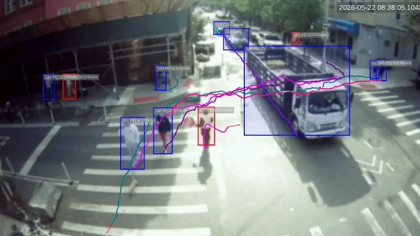 A view from the New York City Department of Transportation's traffic sensors, with various traffic elements highlighted and labeled in color-coordinated boxes.