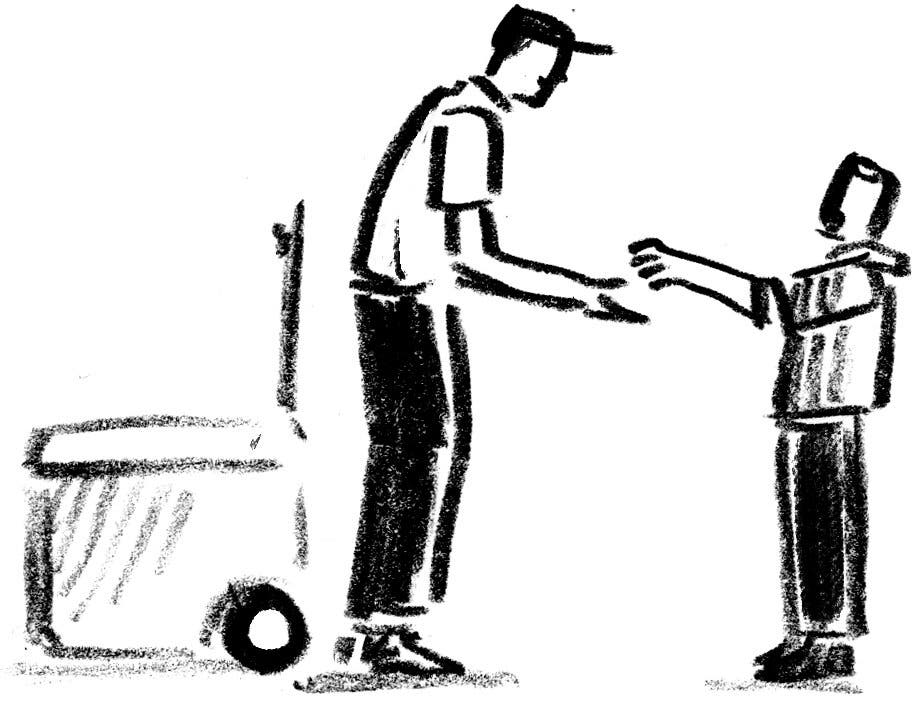 A black and white drawing of a boy handing money to a man standing next to a large cooler on wheels.