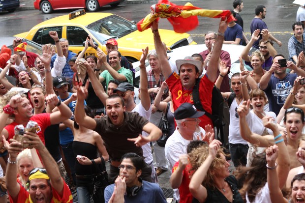 Spain fans watch the 2010 World Cup Final on West 14th Street in Manhattan on July 11, 2010.