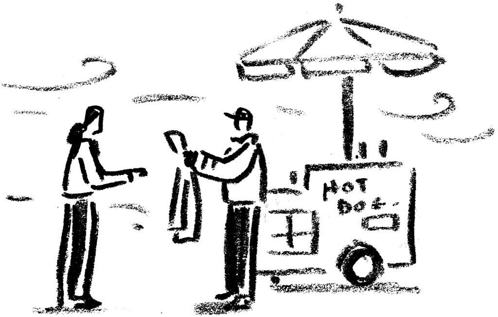 A black and white drawing of a man in front of a hot dog cart handing a jacket to a woman on a windy day. 