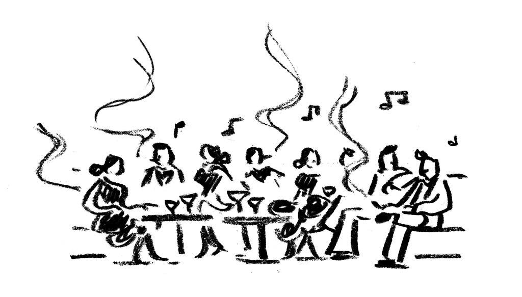 A black and white drawing of four couples who are smoking cigarettes while sitting at a nightclub banquette with drinks on the tables in front of them. 