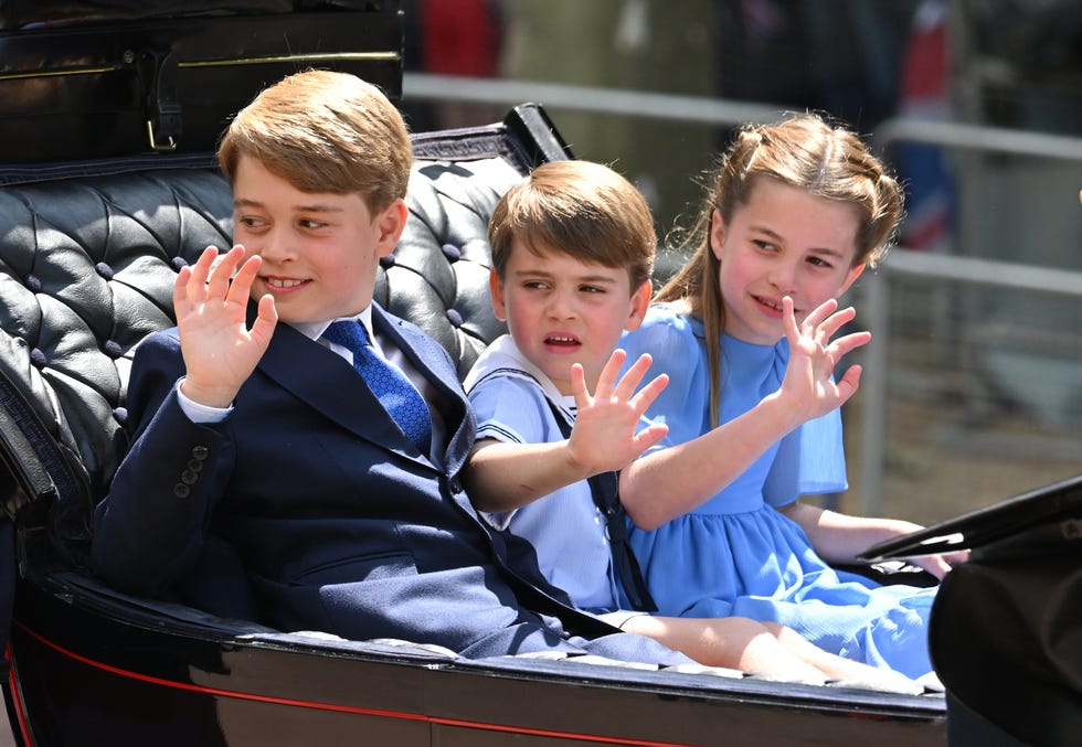 london, england june 02: prince george, prince louis and princess charlotte in the carriage procession at trooping the colour during queen elizabeth ii platinum jubilee on june 02, 2022 in london, england. the platinum jubilee of elizabeth ii is being celebrated from june 2 to june 5, 2022, in the uk and commonwealth to mark the 70th anniversary of the accession of queen elizabeth ii on 6 february 1952. trooping the colour, also known as the queens birthday parade, is a military ceremony performed by regiments of the british army that has taken place since the mid 17th century. it marks the official birthday of the british sovereign. this year, from june 2 to june 5, 2022, there is the added celebration of the platinum jubilee of elizabeth ii in the uk and commonwealth to mark the 70th anniversary of her accession to the throne on 6 february 1952. (photo by karwai tang/wireimage)