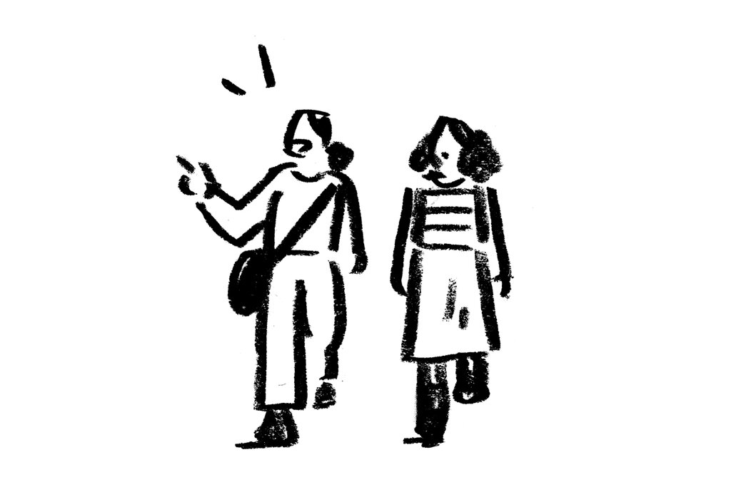 A black and white drawing of two women walking next to each other as one of them points off to the side.