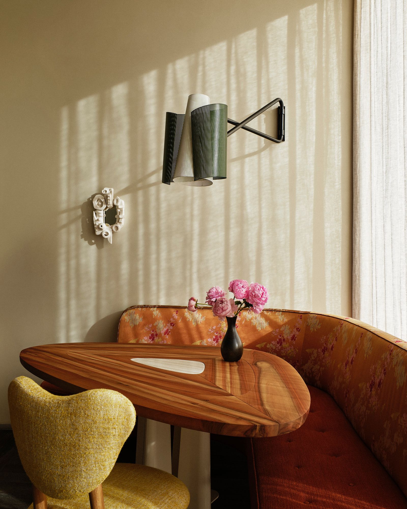 Image may contain Furniture Table Lamp Tabletop Indoors Interior Design Chair Wood and Desk