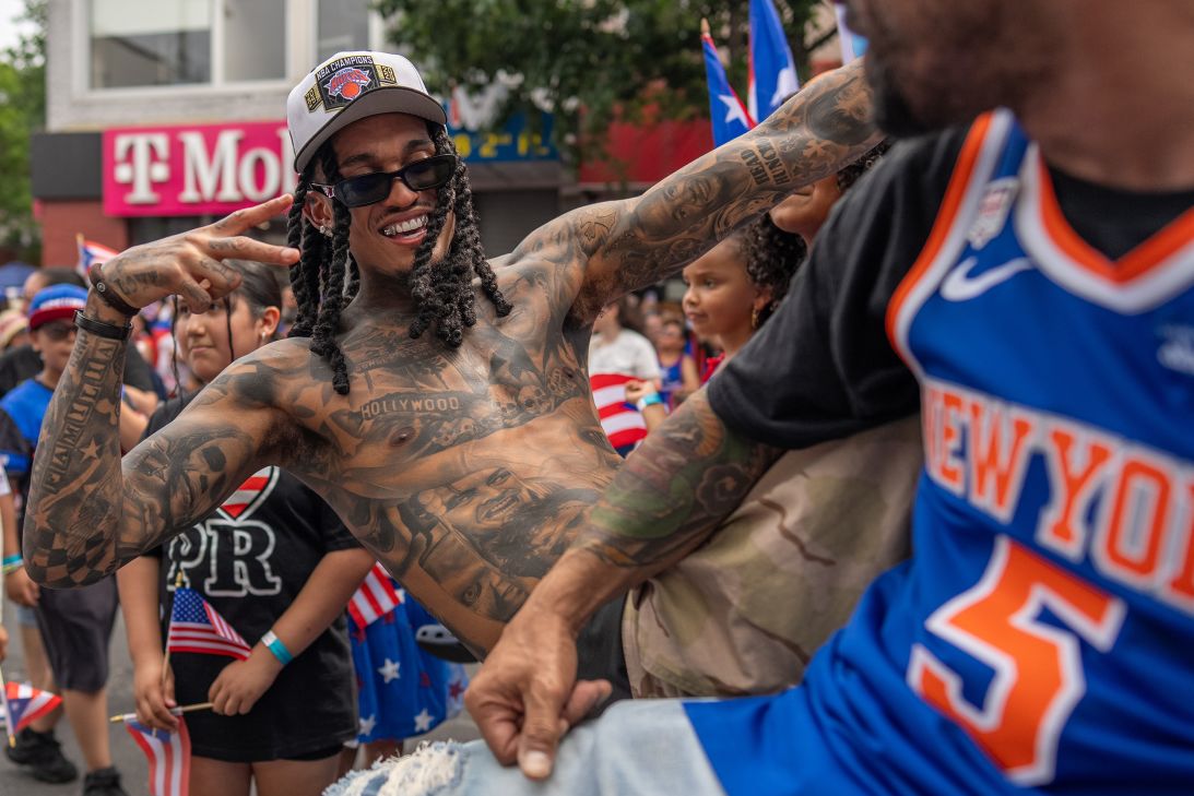 New York Knicks shooting guard and new NBA champion Jordan Clarkson attends the Puerto Rican Day celebration in Brooklyn.