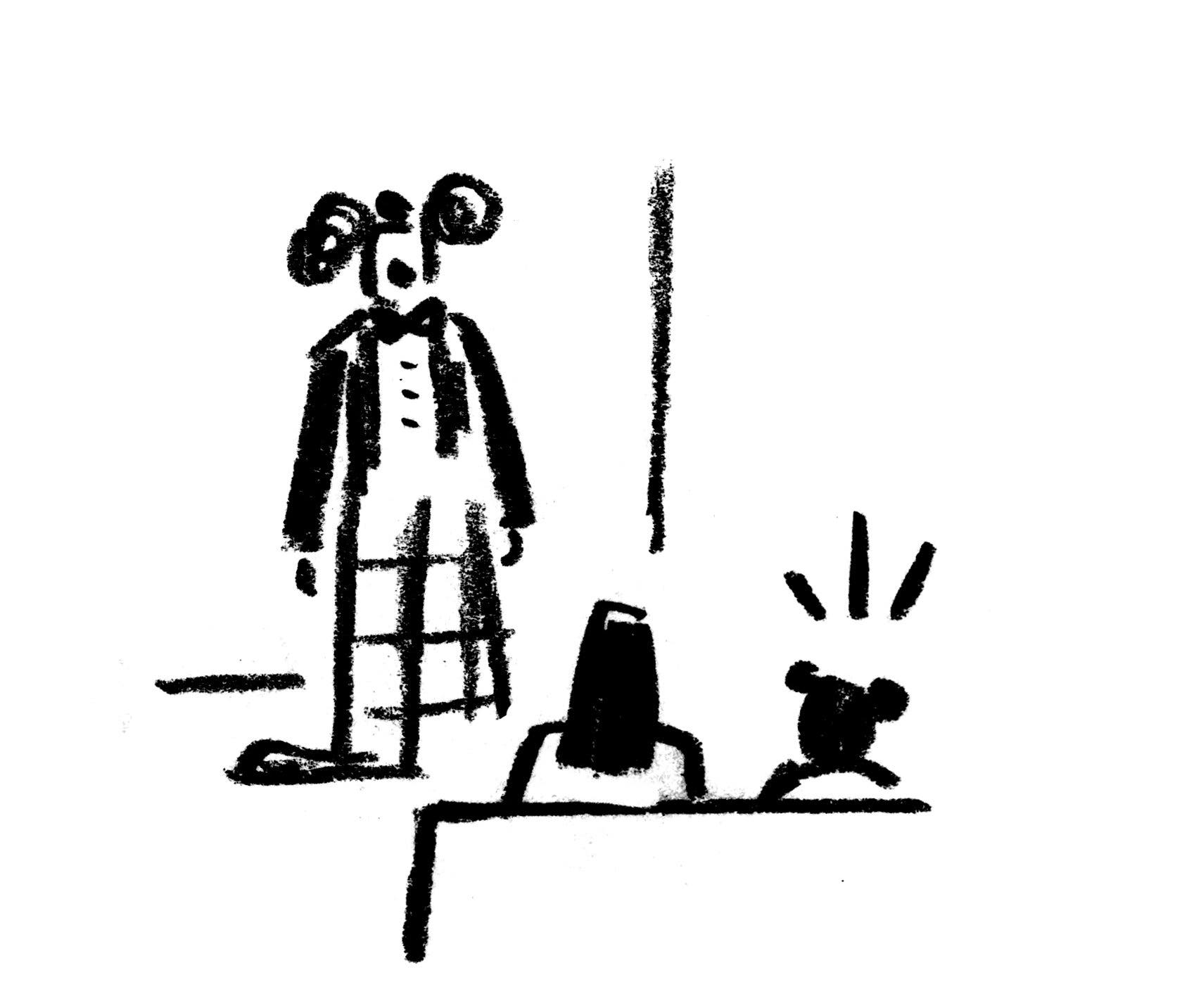 A black and white drawing of a man in a clown costume standing in a subway car and looking at a woman and child who are seated. 