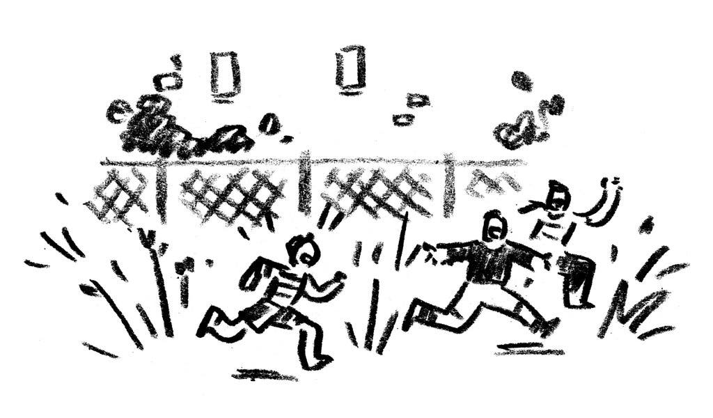 A black and white drawing of children running through a fenced-in area with tall grass and weeds. 