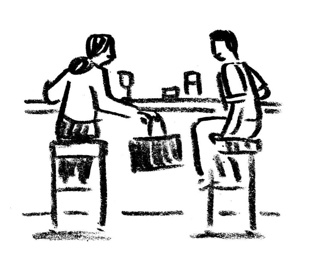 A black and white drawing of a man sitting next to a woman at a bar with the woman’s bag hanging on a hook between them.
