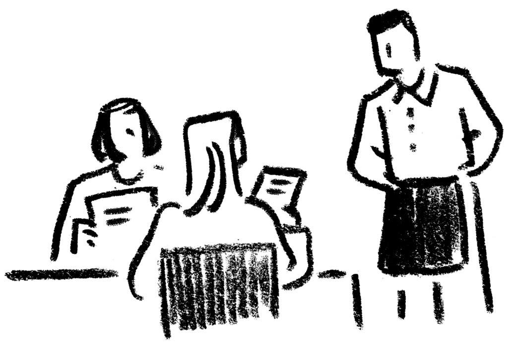A black and white drawing of two women sitting at a restaurant table and holding menus while speaking to a waiter. 