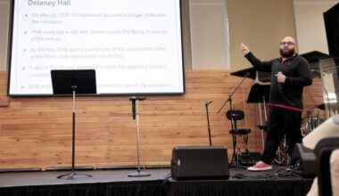 Josue Barreiro shares an update on the struggle to close Delaney Hall during the Cooper River Indivisible general meeting at the Haddonfield United Methodist Church on Tuesday, June 9, 2026.