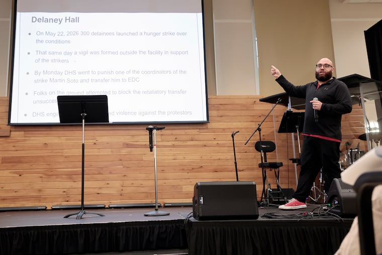 Josue Barreiro shares an update on the struggle to close Delaney Hall during the Cooper River Indivisible general meeting at the Haddonfield United Methodist Church on Tuesday, June 9, 2026.