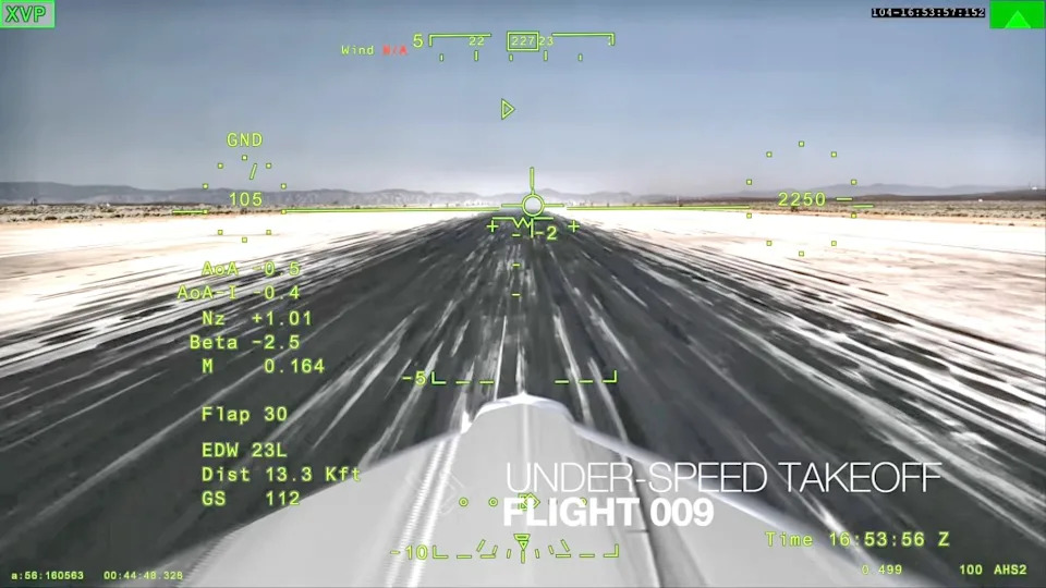 The perspective from the cockpit of NASA’s X-59 experimental aircraft as it takes off. NASA Armstrong Flight Research Center