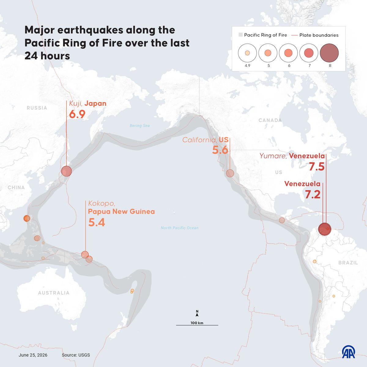Major earthquakes along the Pacific Ring of Fire over the last 24 hours