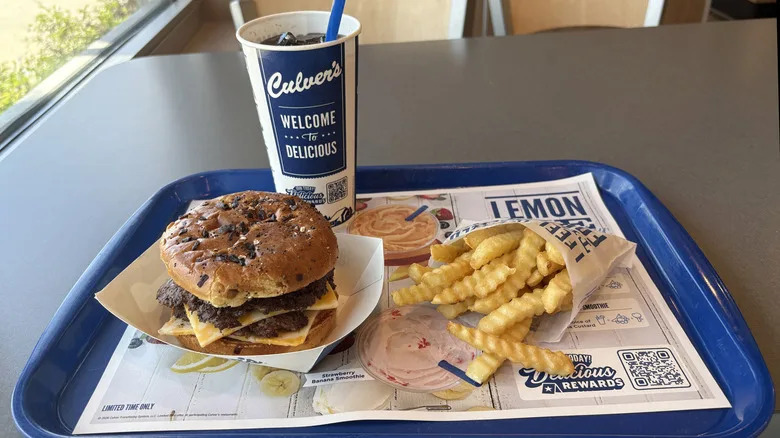 The new Colby Jack Burger with French fries and Coca-Cola soda at Wisconsin based fast food restaurant chain Culver's.