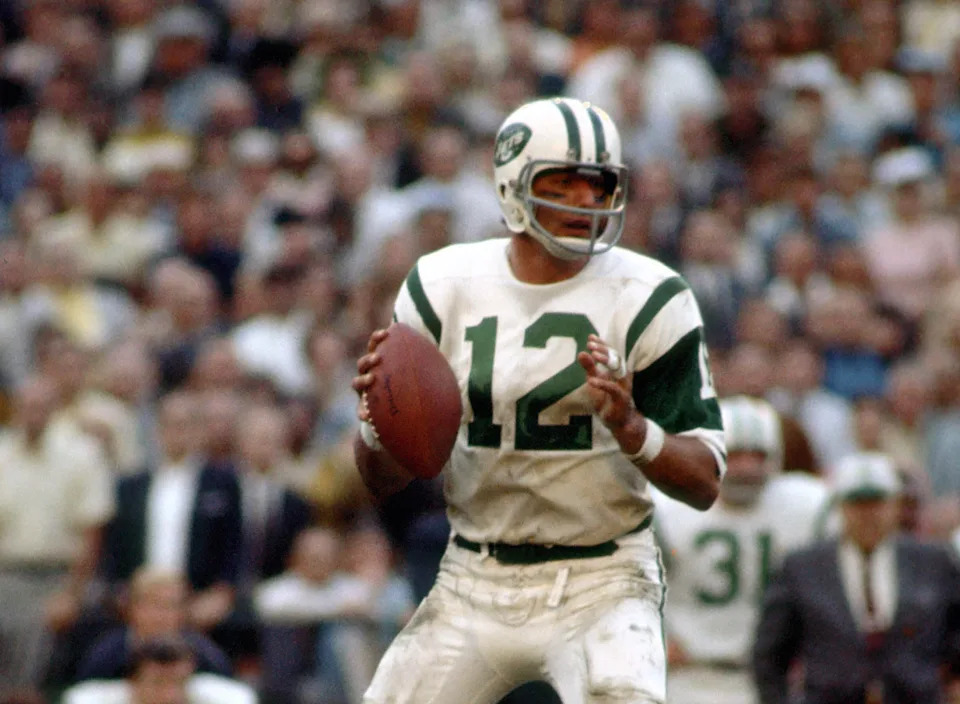 Jan 12, 1969; Miami ,FL, USA; FILE PHOTO; New York Jets quarterback (12) JOE NAMATH in action during Super Bowl III against the Baltimore Colts at the Orange Bowl. The Jets defeated the Colts 16-7 giving the AFL their first Championship over the NFL. Namath was named the games most valuable player going 17-28 for 206 yards. Mandatory Credit: Tony Tomsic-USA TODAY NETWORK