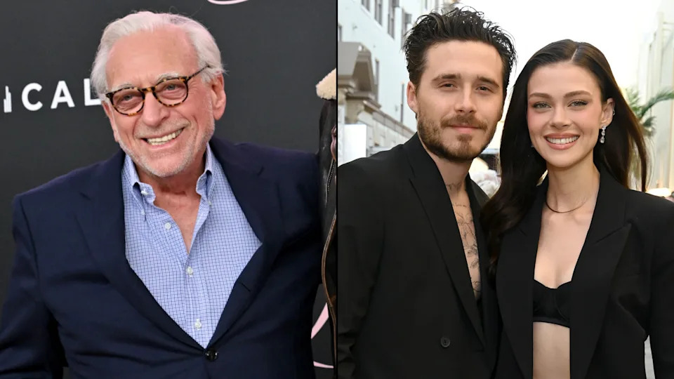 Split image. Left: Nelson Peltz smiling in a suit. Right: Brooklyn Beckham and Nicola Peltz posing together, both in black outfits.