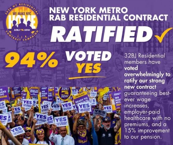32BJ SEIU New York City Members ‘Ratify Historic’ Real Estate Industry Contract That Covers 34,000 Workers & Secures A $4.50-An-Hour Wage Increase, Provides A 15% Increase In Their Guaranteed Pension And More