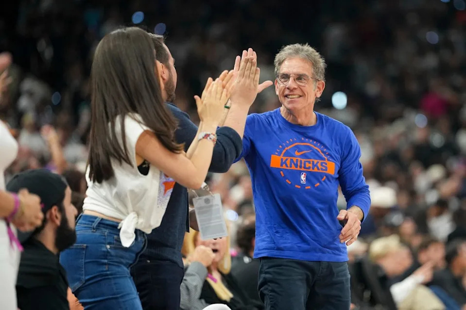 Knicks fan Ben Stiller celebrating in San Antonio. IMAGN IMAGES via Reuters Connect