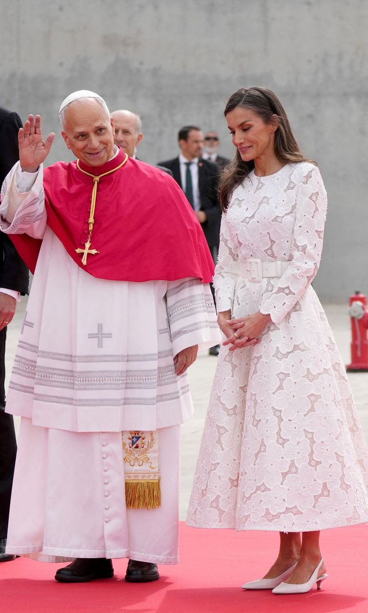 Queen Letizia greets Pope Leo XIV upon his arrival at Madrid-Barajas Airport, marking the start of the Pontiff's official visit to Spain.