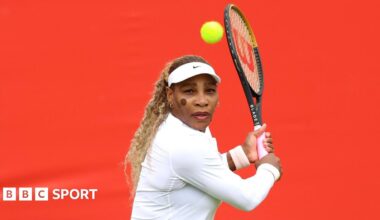 Serena Williams hits a return during practice at Queen's