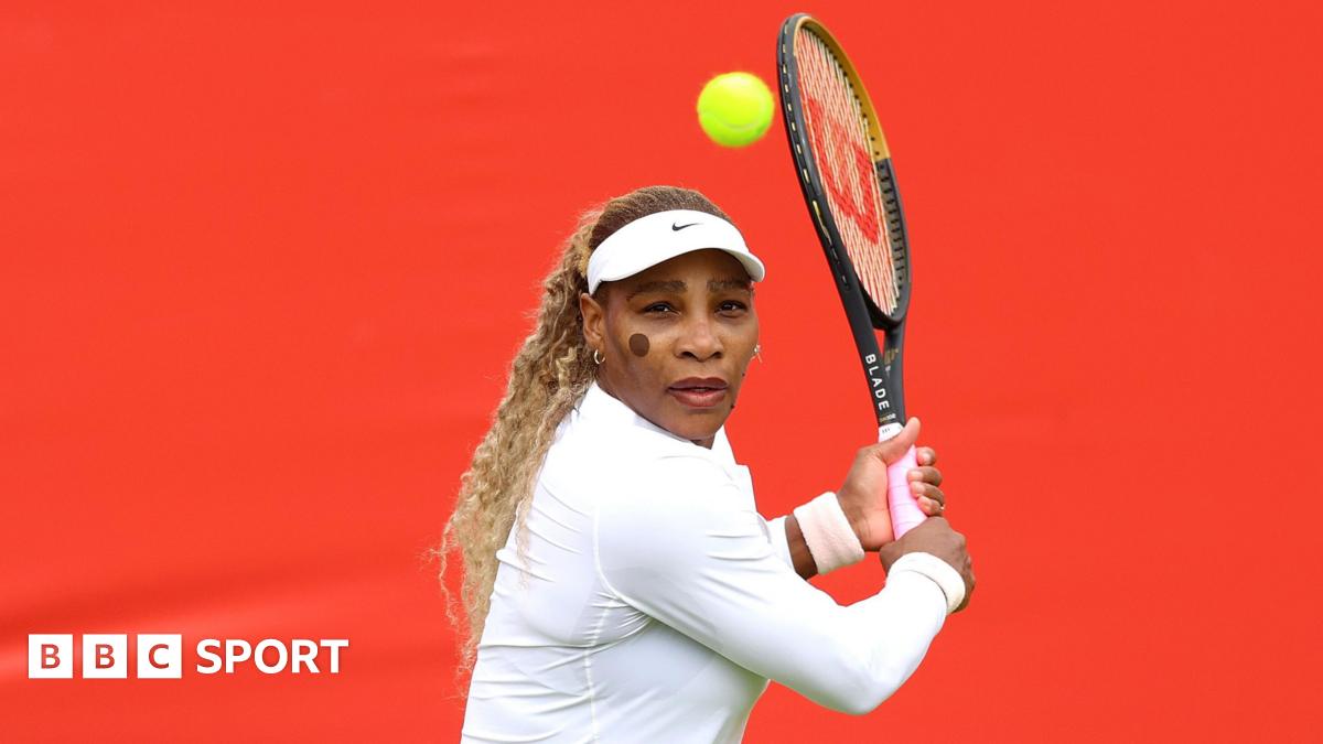 Serena Williams hits a return during practice at Queen's