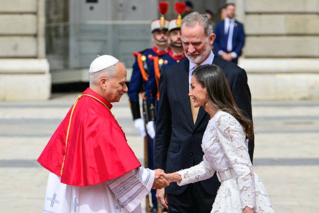 Spain's Felipe VI and Queen Letizia welcome Pope Leo XIV at the Royal Palace in Madrid