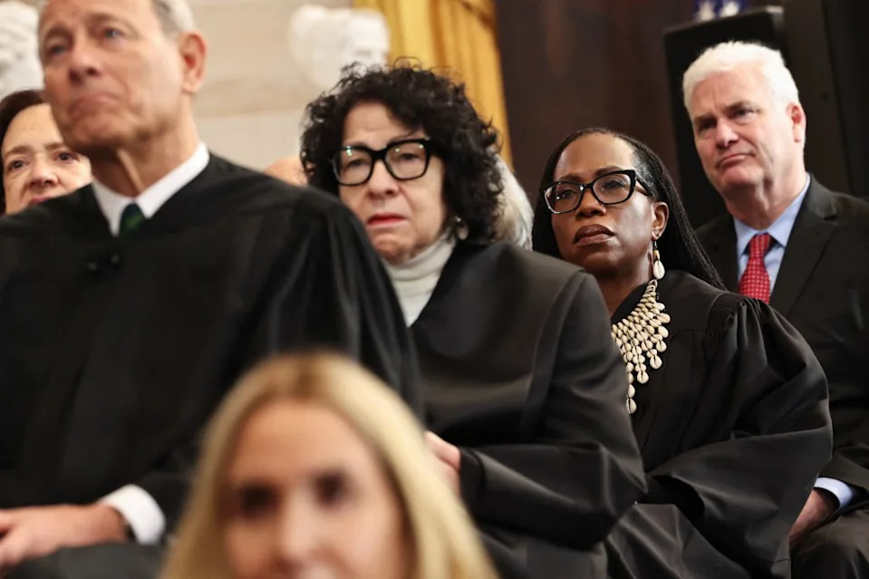 Front-Back: Supreme Court Justices John Roberts, Sonia Sotomayor and Ketanji Brown Jackson at the U.S. Capitol on January 20, 2025.