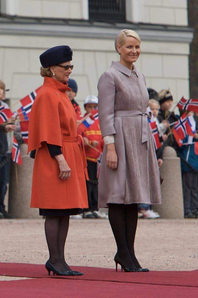 Queen Sonja of Norway and Crown Princess Mette-Marit of Norway arrive at Palace Square on April 26, 2010 in Oslo