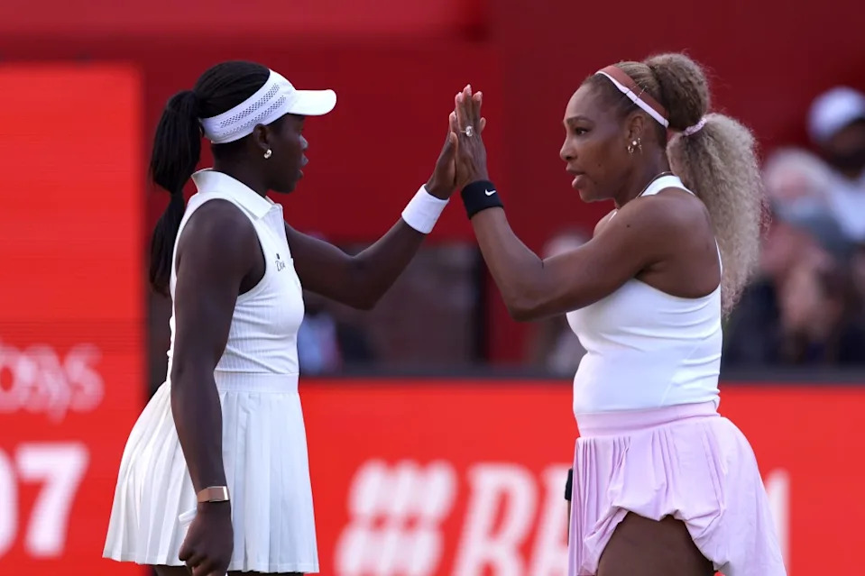 Serena Williams of the United States and Victoria Mboko of Canada celebrate a point against Nicole Melichar-Martinez of the United States and Erin Routliffe of New Zealand during the Women’s Doubles first round match at at The Queen’s Club. Getty Images