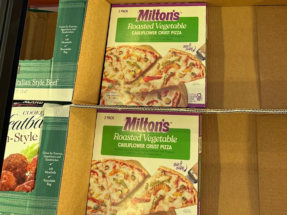 Two boxes of Milton's roasted vegetable cauliflower-crust pizza.