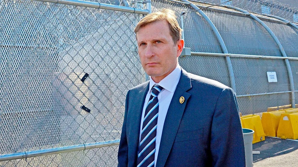 Rep. Dan Goldman, D-N.Y., stands outside the Delaney Hall Detention Center in Newark, New Jersey.
