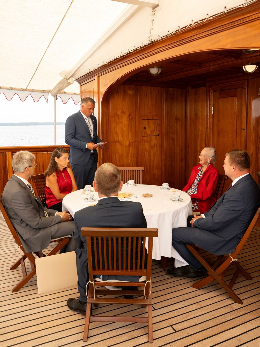 Queen Margrethe smiled throughout the special outing aboard the Royal Yacht Dannebrog during an unofficial voyage through Danish waters.