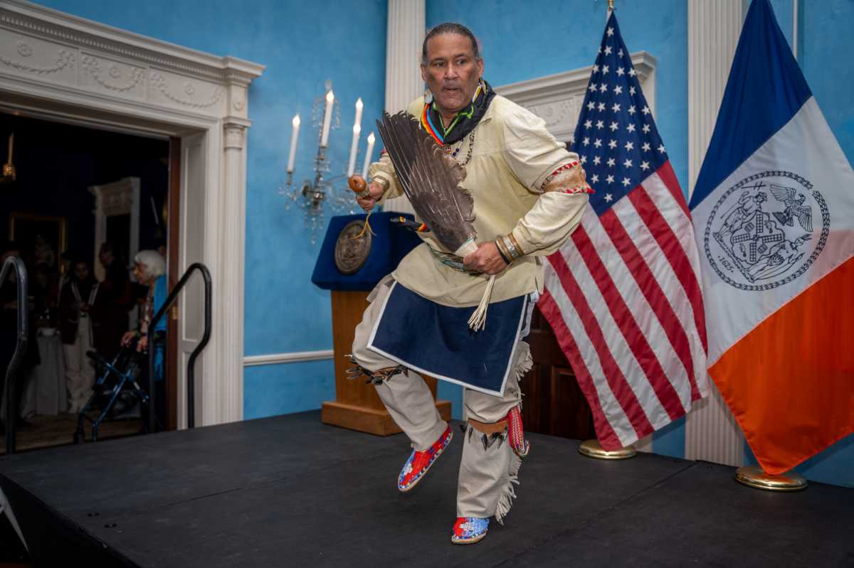 indigenous lenape man performing a dance at Gracie Mansion ceremony
