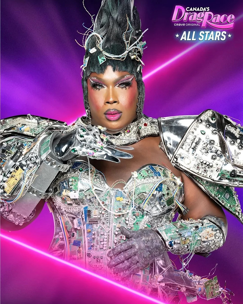 Drag performer in tech-inspired, futuristic costume poses dramatically for Canada's Drag Race All Stars