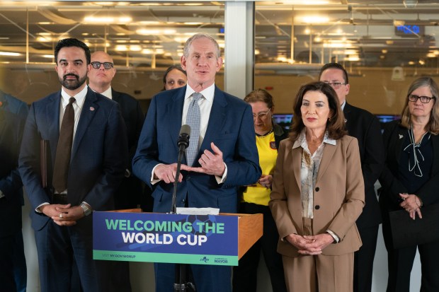 Janno Lieber, center, Gov. Kathy Hochul, right, and Mayor Zohran Mamdani update New Yorkers on regionwide transportation and safety preparations in advance of the 2026 FIFA World Cup. (Don Pollard/Office of Governor Kathy Hochul)